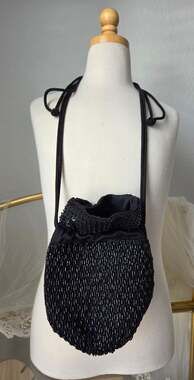 First Issue Black Beaded Drawstring Evening Pouch Bag